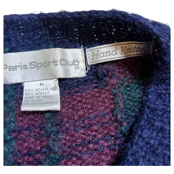 Paris Sport Club Cardigan Hand Knit Mohair Plaid Sweater Grannycore Size Medium - Picture 2 of 5